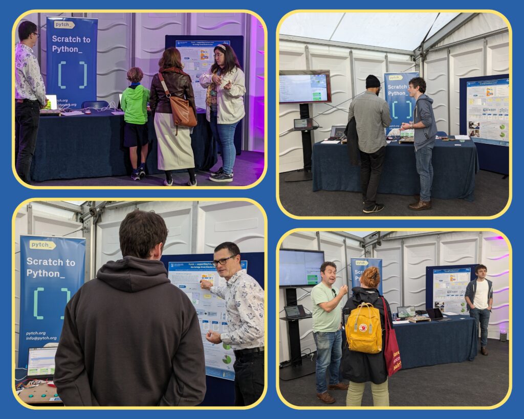 Colorful collage with 4 pictures of the Pytch stand at the START European Researchers' Night. The pictures show Pytch team members presenting Pytch to participants. The Pytch Logo with text "Scratch to Python" is visible at the back or each picture.