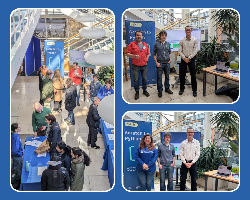 Collage of three pictures from the Spring Trinity Open Day with Trinity College Dublin logo and Pytch logo. In the photo on the left there is a view from high angle of some of the school of computer science stands, at the top of the photo the Pytch stand and visible on the poster the text "Pytch: Scratch to Python". Trinity staff and participants are talking and interacting at the stands. On the right two photos showing the Pytch team smiling at the stand: Principal Investigator Glenn Strong, Dr Ben North, Dr Duncan Wallace and Sara Fiori.