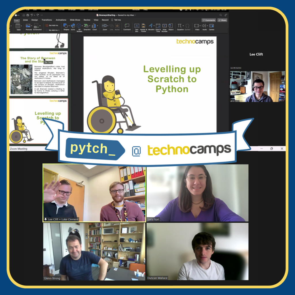 Collage of two screengrabs from videocalls by the Pytch team. In the middle a banner the Pytch logo and the Technocamps logo are visible with an @ in the middle, reading "Pytch at Technocamps". Ben North, Lee Clift, Luke Clement, Sara Fiori, Glenn Strong and Duncan Wallace are smiling in the pictures. The slide showed at the top has the title "Levelling up Scratch to Python" and it's from a Technocamps presentation shared by Lee Clift to the team.