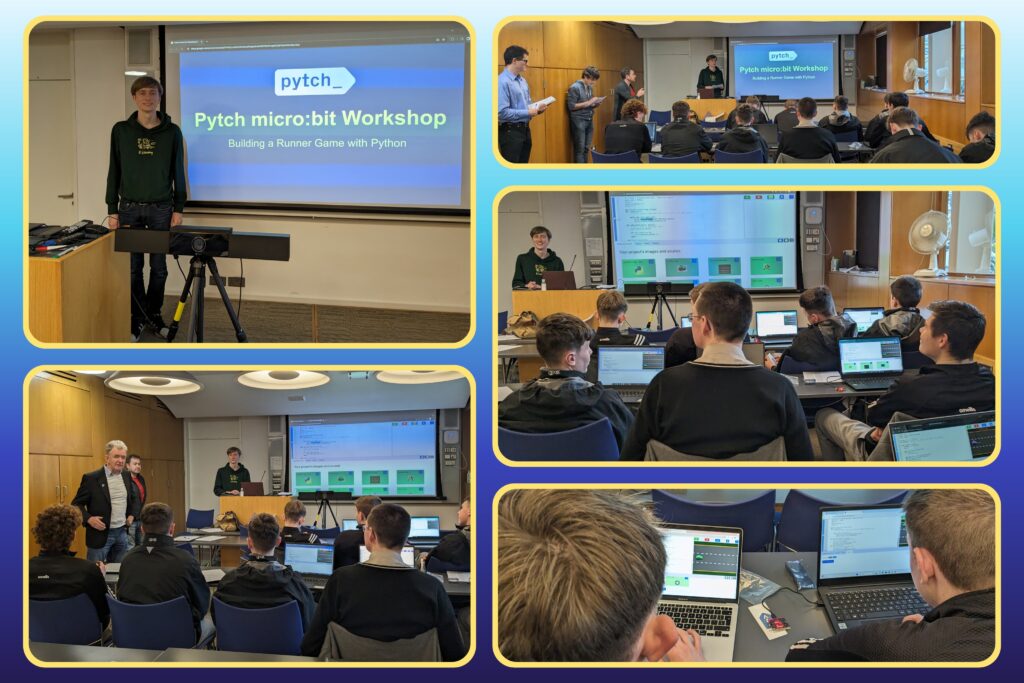 Collage of 5 pictures showing Sébastien Dunne Fulmer presenting a Pytch micro:bit workshop and visiting fifth year students working on it with their laptops.