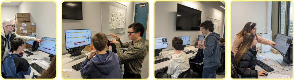 Four pictures showing the Pytch team members Brian Gillespie, Ben North, Duncan Wallace and Sara Fiori supporting students working on the new script by script version of the Pytch editor.
