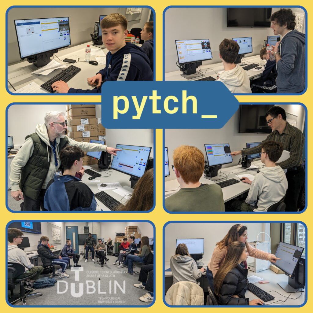 Collage of six photos showing the Pytch team observing and supporting the students using the new version of Pytch during a workshop, students are smiling or focused on their coding work. The Pytch logo and the TU Dublin logo are also visible in the collage.
