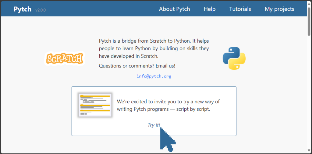 Screengrab of the Pytch.org landing page showing an arrow indicating the "Try it" link to try the new way of writing Pytch programs: script by script.
